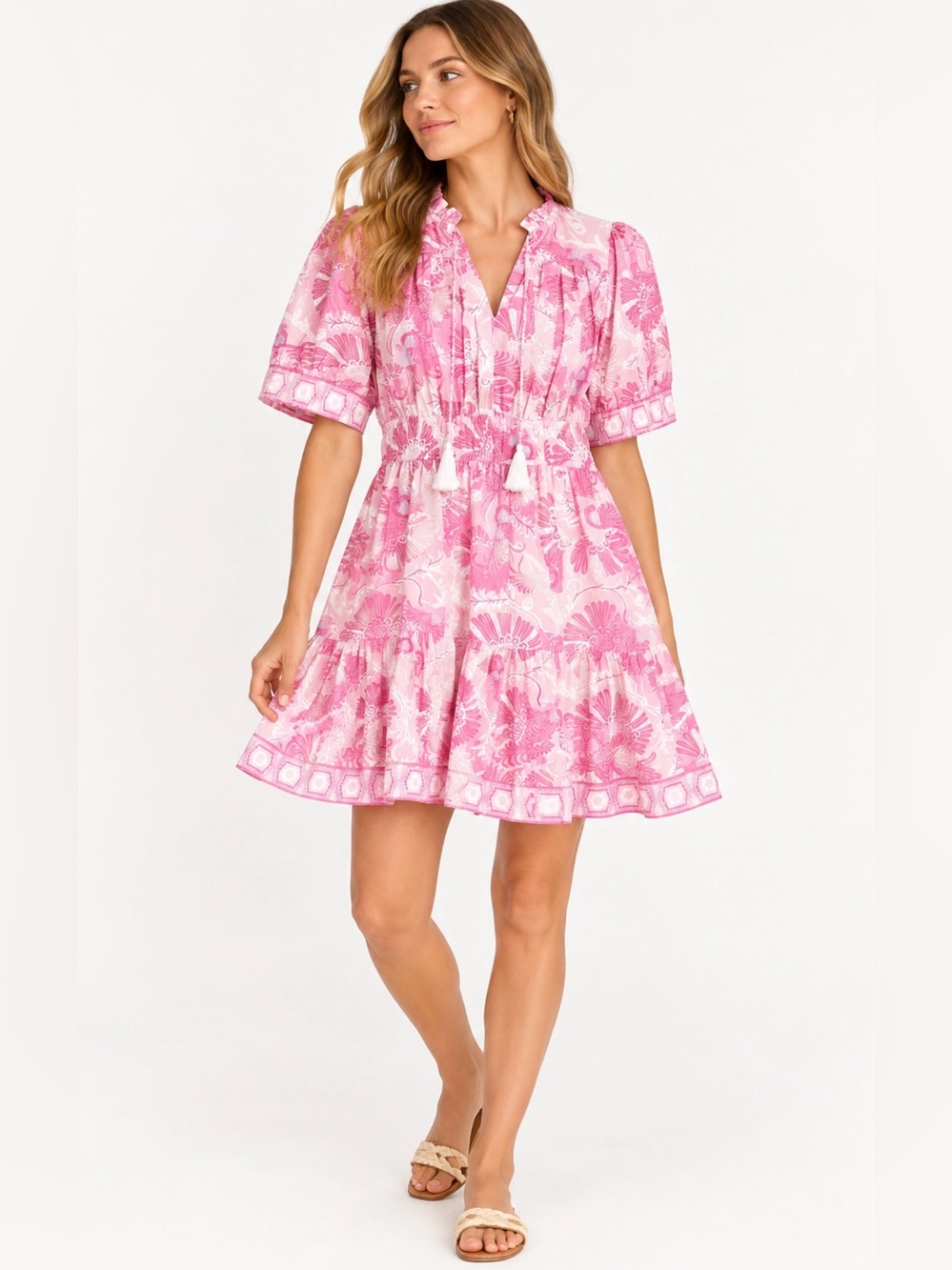 CK Bradley x Sail to Sable Pink Floral Print Smocked Waist Mini Dress Medium